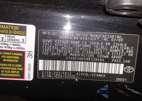 2009 Toyota Camry Le from USA, damaged, VIN 4T4BE46K49R139484